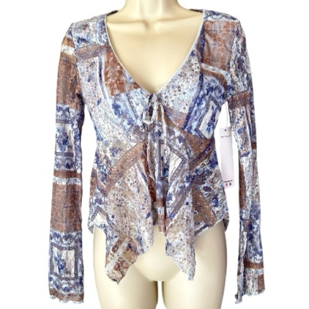 NWT Madden Girl Med Floral Lace Top Blue Tan Patchwork Long Sleeve Fairy Boho